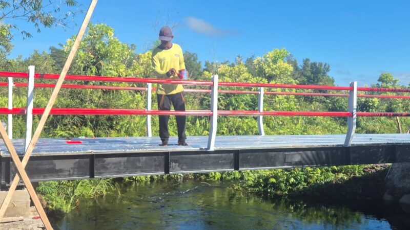 Pembangunan Jembatan Memasuki Tahap Pemasangan Bondek dan Pengecatan Pagar
