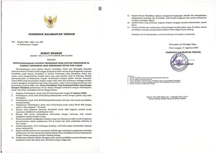 Kabut Asap Kian Parah, Kalteng Terapkan Pembelajaran Daring.