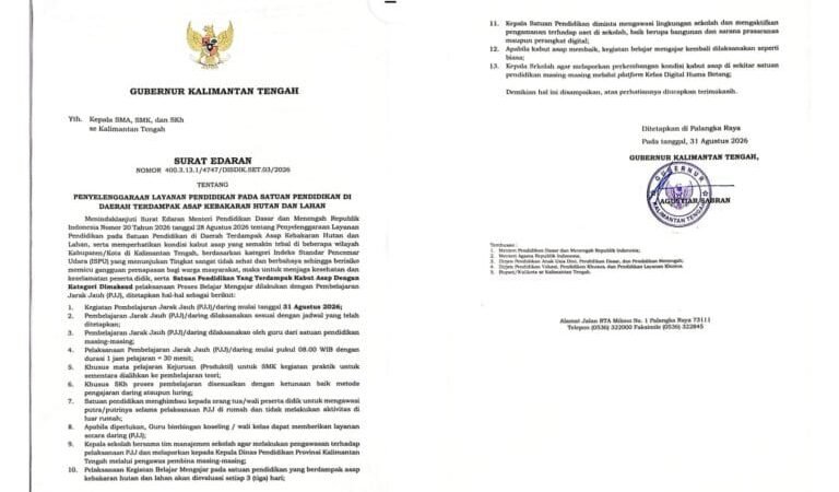Kabut Asap Kian Parah, Kalteng Terapkan Pembelajaran Daring.
