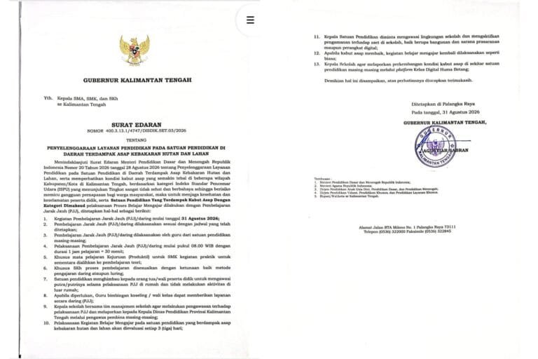 Kabut Asap Kian Parah, Kalteng Terapkan Pembelajaran Daring.